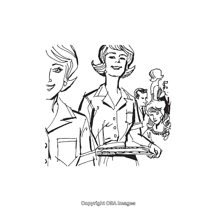 Retro Style Black and White Line Art of a Social Gathering Scene
