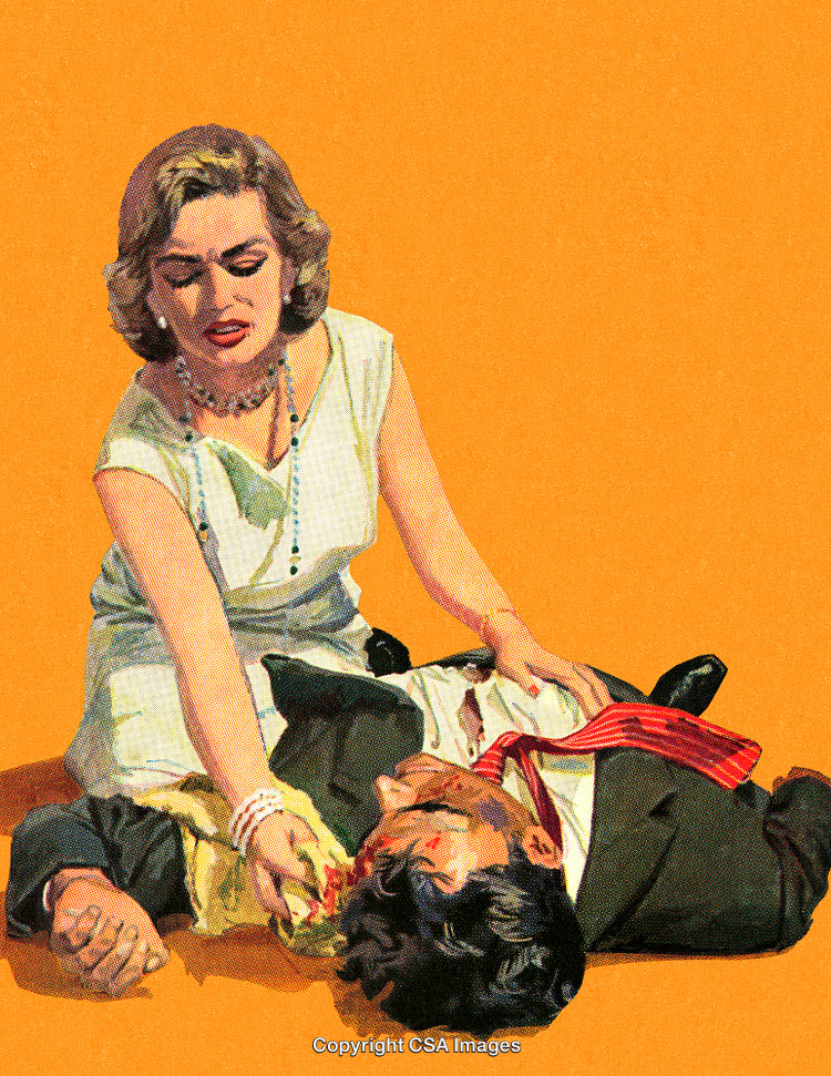 Dramatic Vintage Illustration of a Concerned Woman and Injured Man