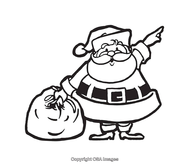 Black and White Line Drawing of Santa Claus with Toy Sack