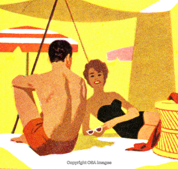 Retro Illustration of Couple Relaxing At the Beach Under a Parasol