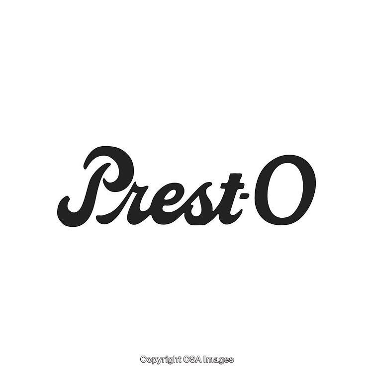 Elegant Black Script Logo Design with Prest-O Text on White Background