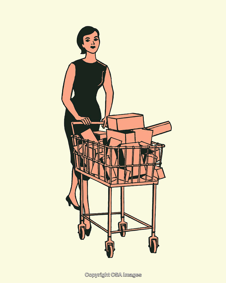 Vintage Retro Shopping Illustration Featuring Female with Shopping Cart and Packages