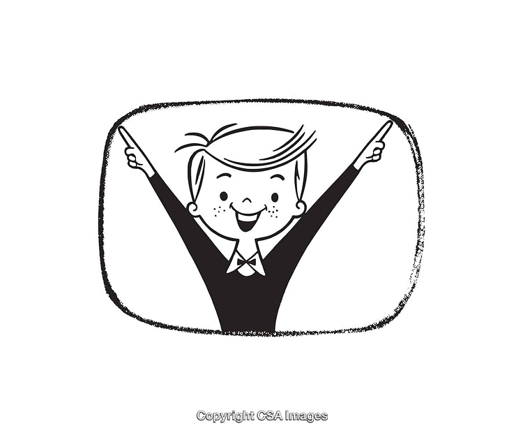 Happy Cartoon Boy Celebrating with Upraised Arms in Black and White Artwork