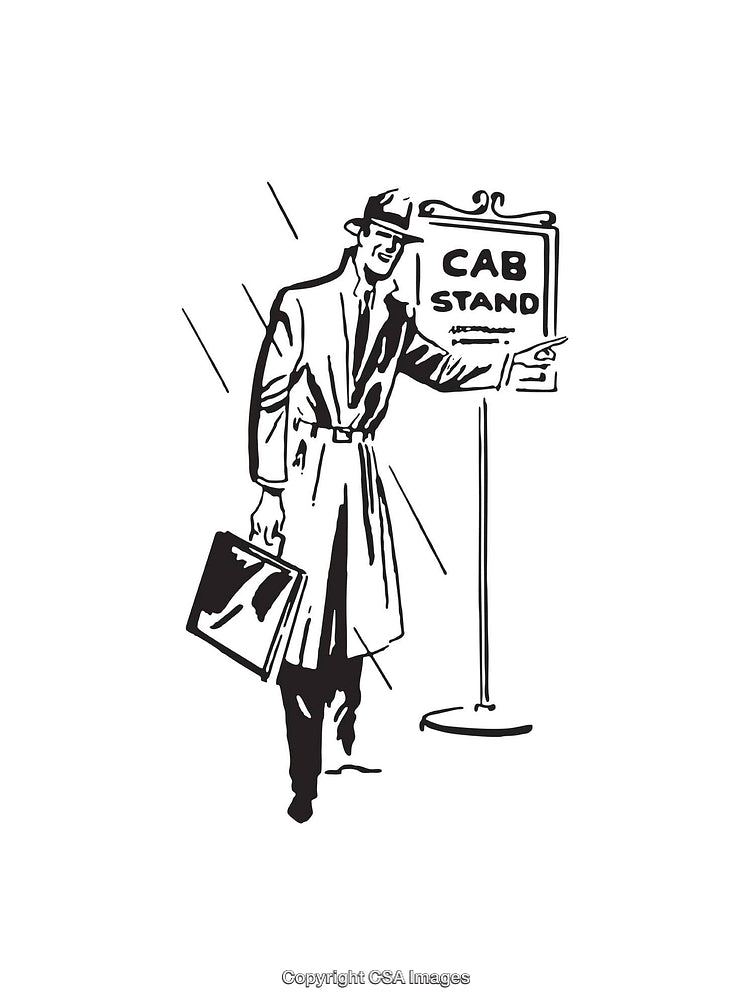 Retro Illustration of a Businessman at a Cab Stand in Black and White