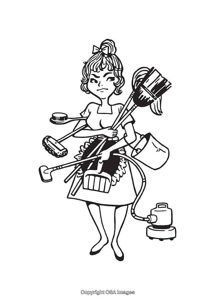 Illustration of Overworked Woman Managing Cleaning Tasks Simultaneously