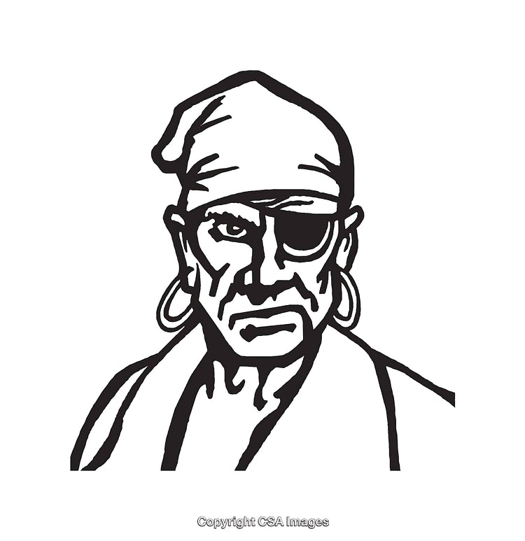 Black and White Drawing of a Pirate with an Eye Patch