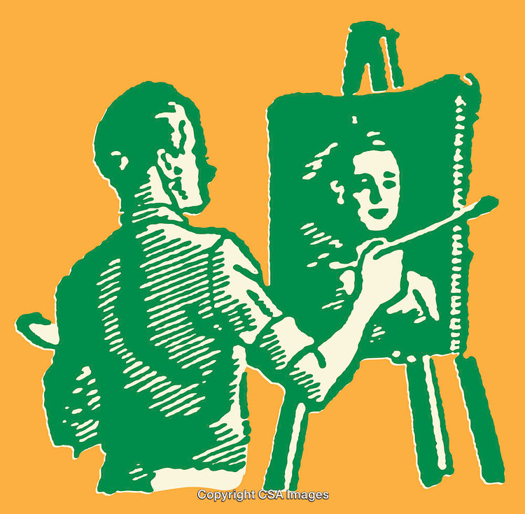 Artist Painting Portrait on Canvas in Stylized Line Art Illustration