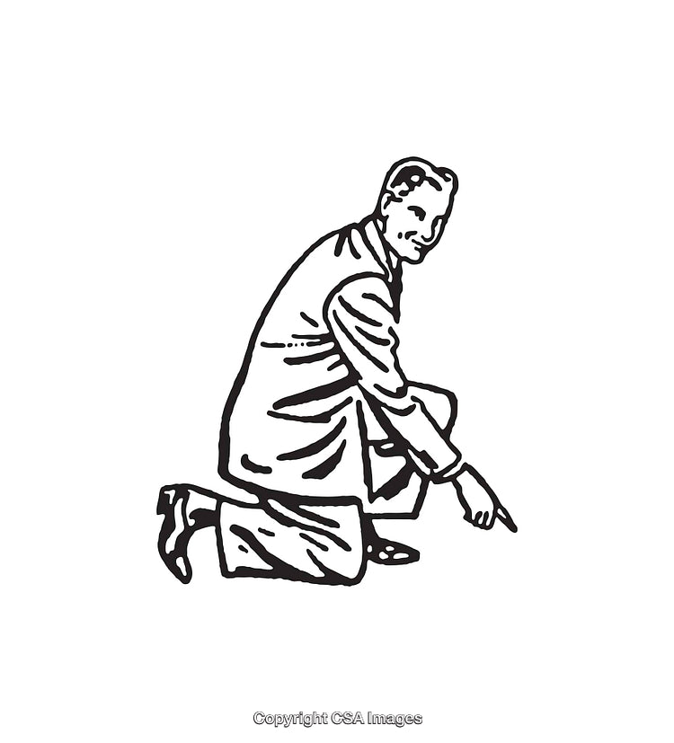 Vintage Line Art of Man Kneeling and Pointing Gesturing Forward