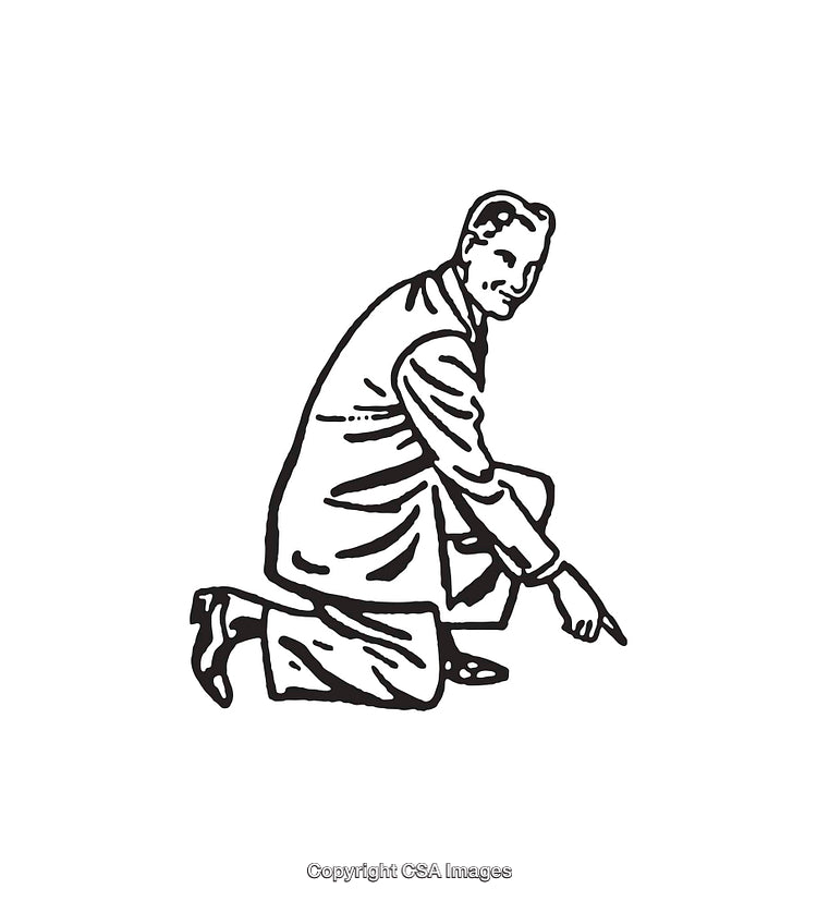 Vintage Line Art of Man Kneeling and Pointing Gesturing Forward
