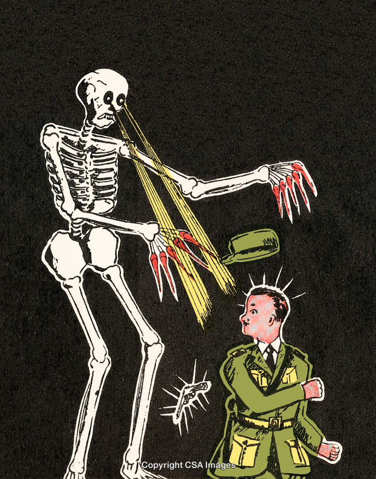 Surreal Illustration Depicting a Skeleton Confronting a Military Styled Individual