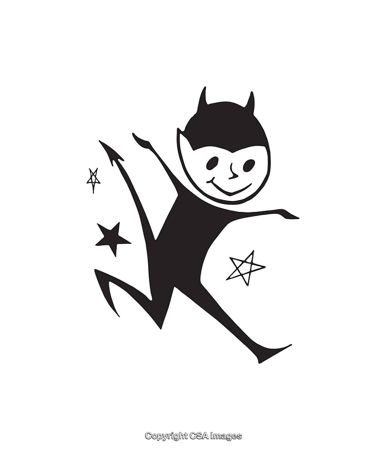 Playful Devil Character With Stars in Black and White Line Art