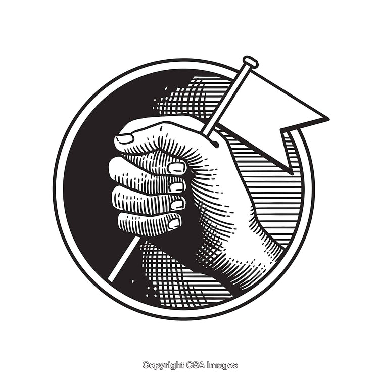 Black and White Line Art of a Hand Holding a Flag in a Circle