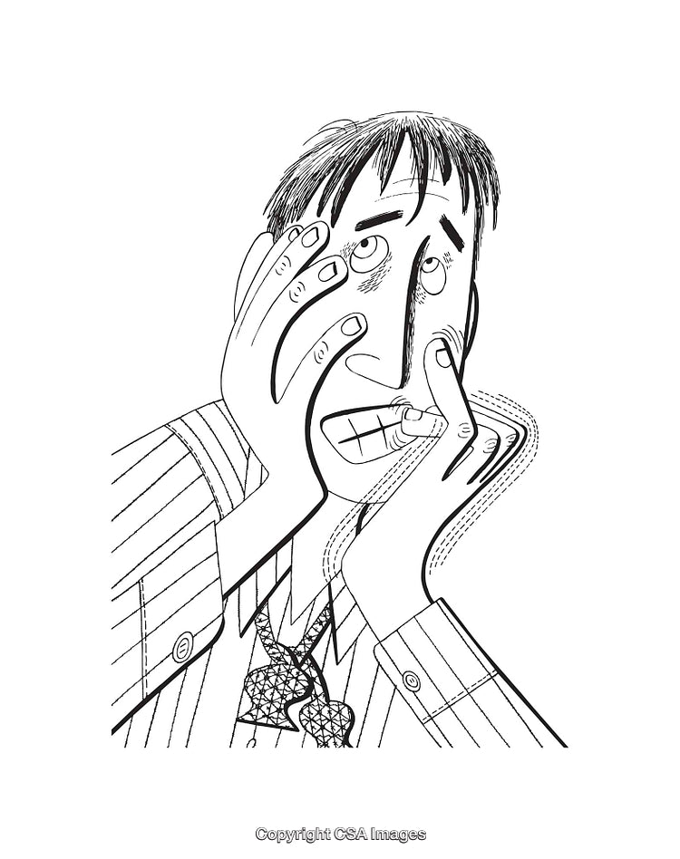 Black and White Line Art of a Stressed Businessman Holding Face