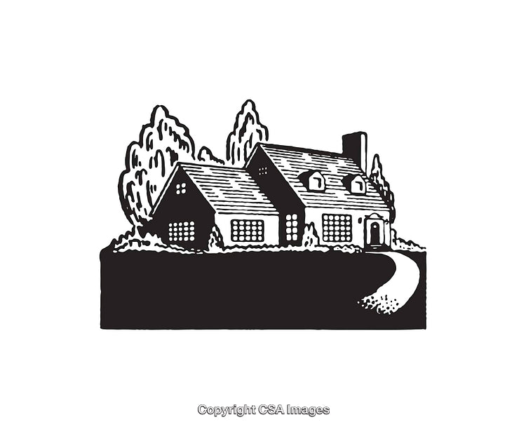 Black and White Line Art of a Cottage with Trees and a Pathway
