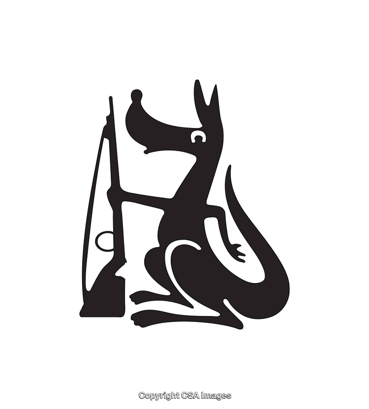 Black and White Illustration of a Dog Holding a Rifle in a Seated Position