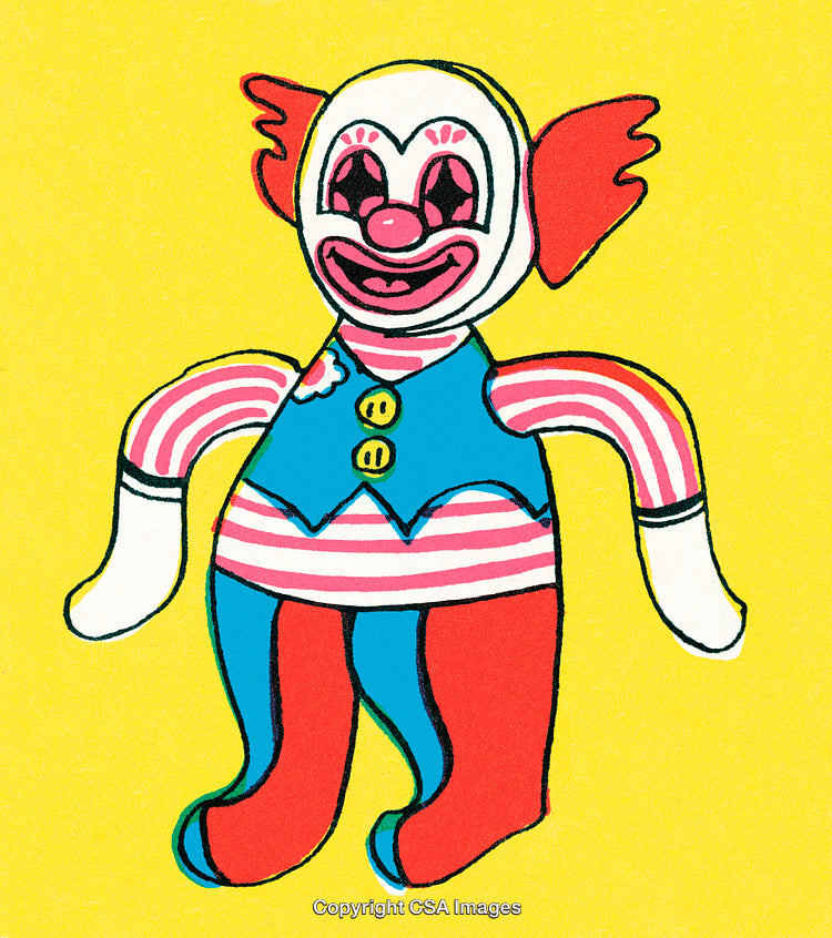 Colorful Whimsical Clown Illustration on a Bright Yellow Background