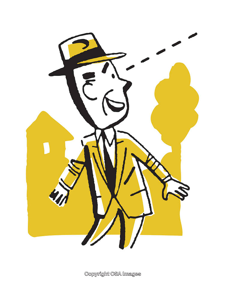 Vintage-Styled Illustration of a Man in a Suit and Hat Outdoors