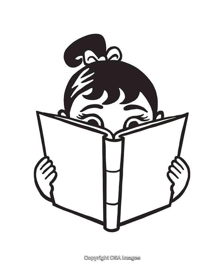 Black And White Illustration of a Girl Reading a Book Closely