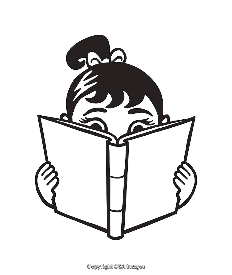Black And White Illustration of a Girl Reading a Book Closely