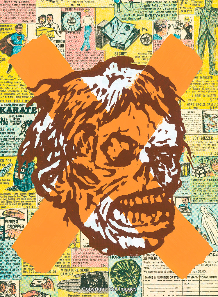 Vintage Artwork Collage Featuring Comic Style Graphics and Pop Horror Imagery