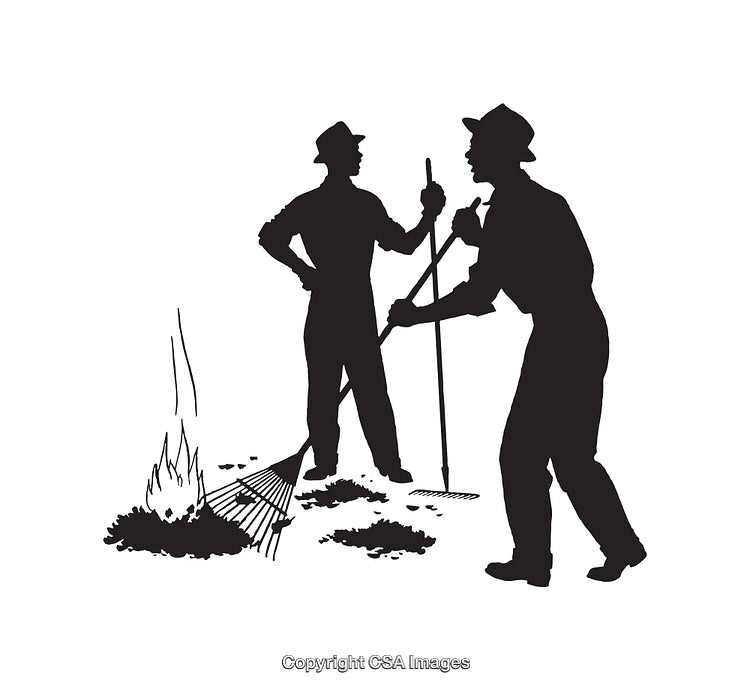 Silhouettes of Workers Performing Outdoor Tasks with Tools and Fire