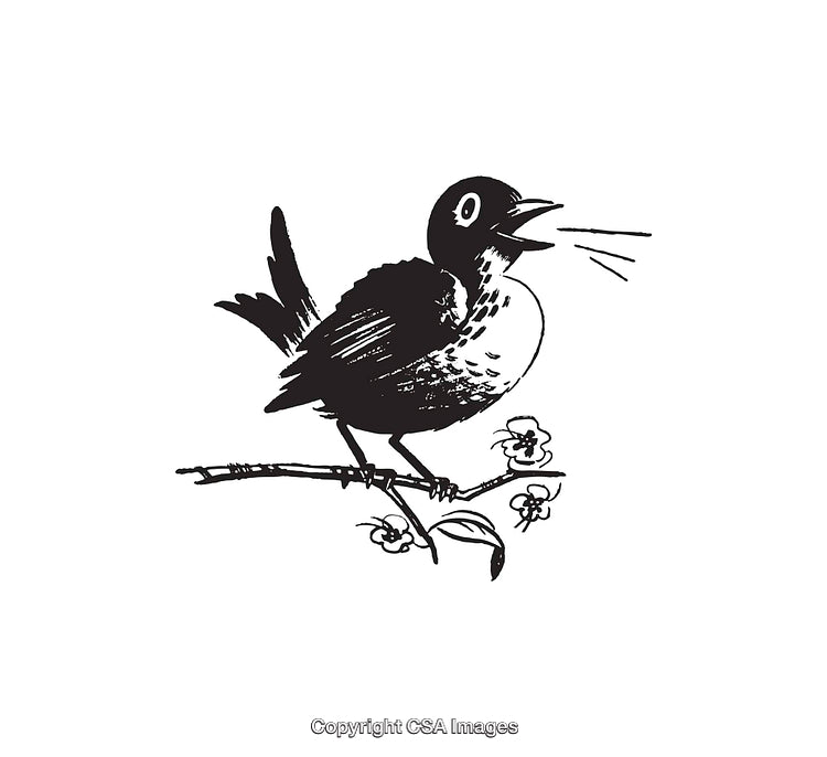 Black And White Line Art Illustration of Singing Bird on Branch