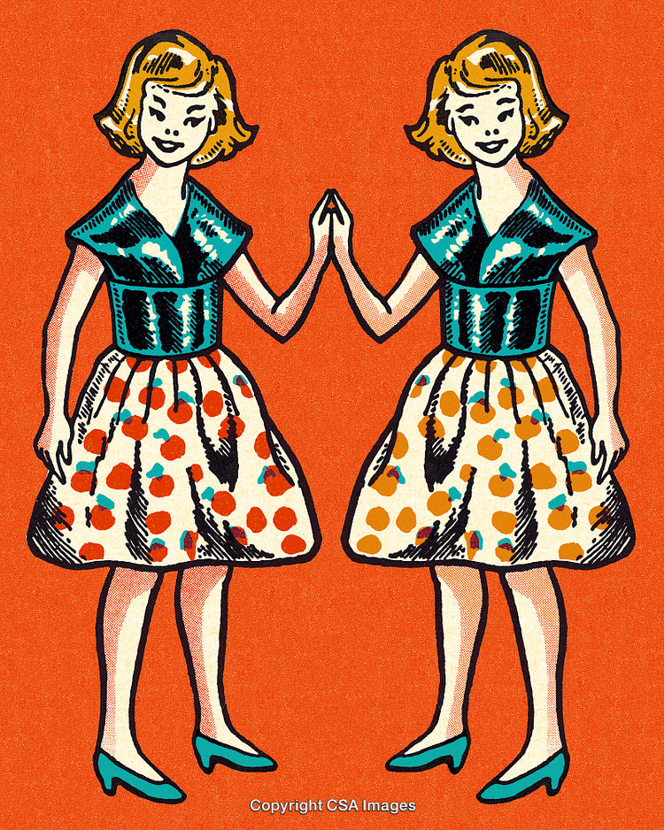 Vintage Illustration of Two Identical Girls Holding Hands on an Orange Background