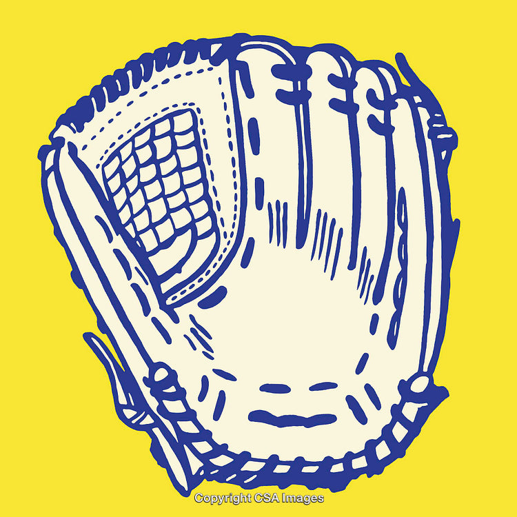 Blue Baseball Glove Line Art Illustration on Bright Yellow Background