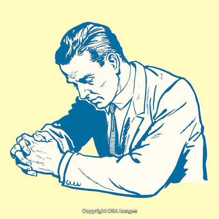 Thoughtful Businessman Pondering with Hands Clasped in Colored Line Art Illustration