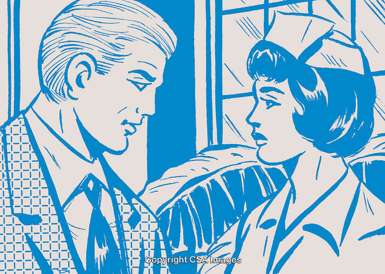Retro Stylized Illustration Depicting a Man and Nurse in Conversation