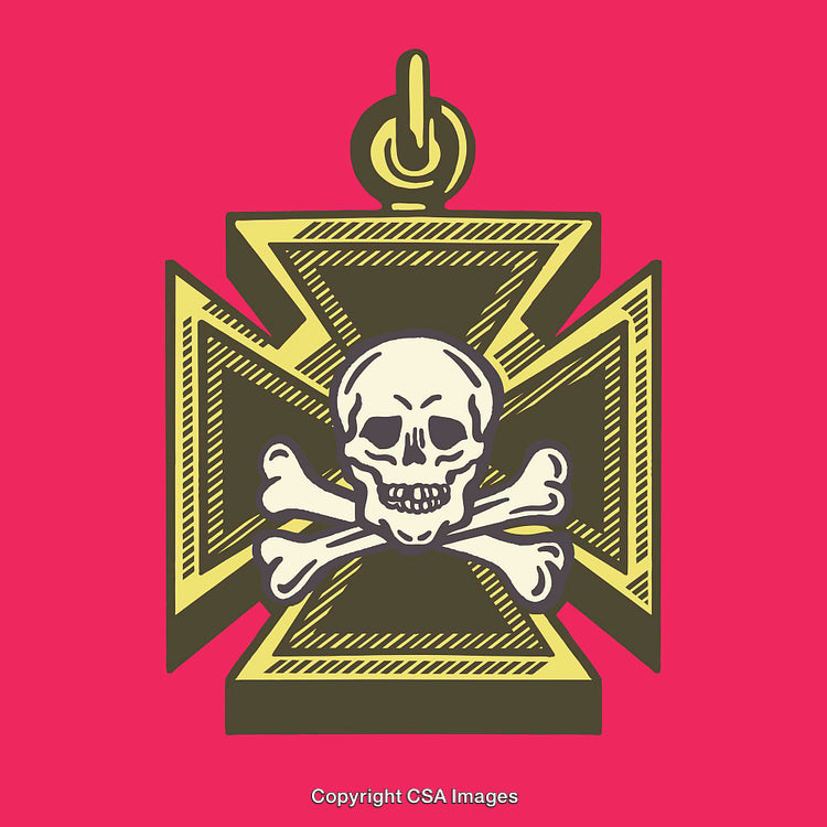 Golden Cross Pendant with Skull and Crossbones on Red Background