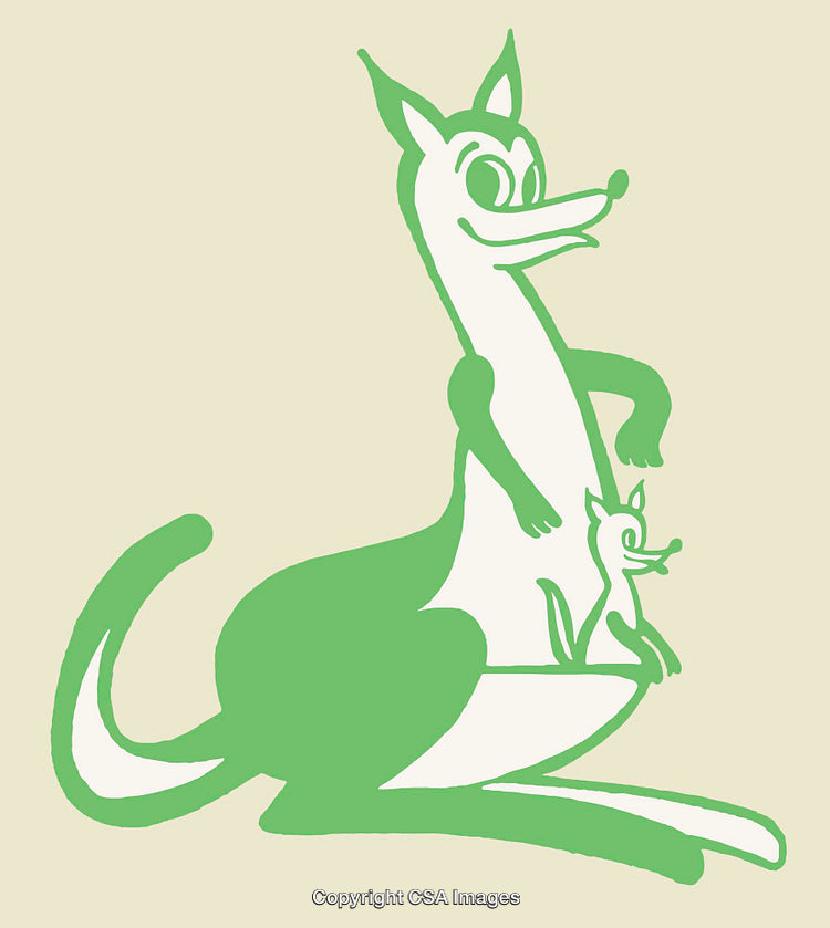Green Line Art Illustration of a Kangaroo with Baby in Pouch
