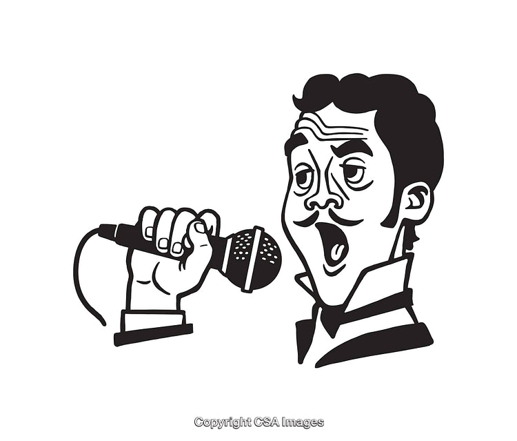 Black and White Illustration of a Singer Holding a Microphone