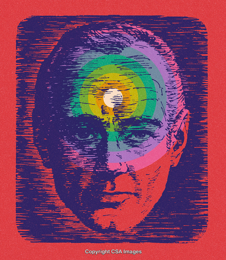 Colorful Abstract Illustration of a Person With Radiating Circular Patterns on Red