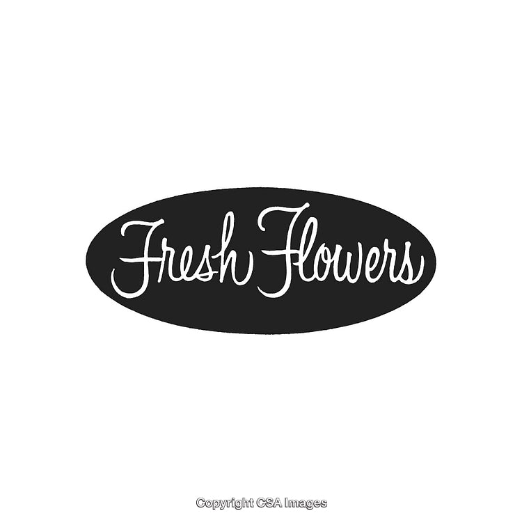 Stylized Black Oval Design with Fresh Flowers Text in White