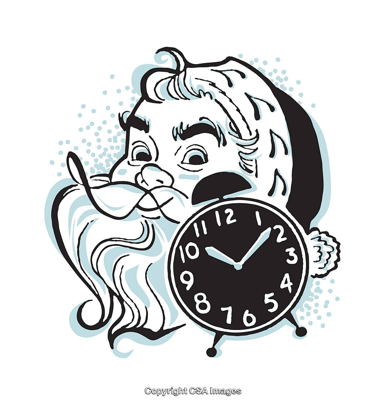 Vintage Santa Cartoon Illustration with Clock Highlighting Holiday Countdown