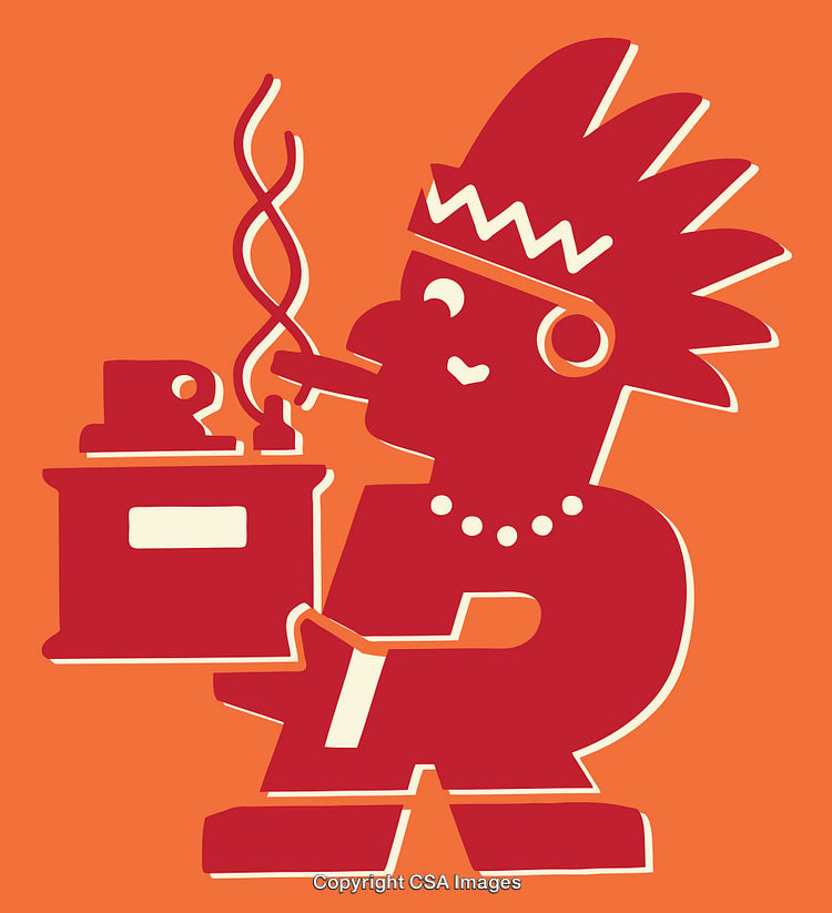 Colorful Line Art Illustration of a Character Holding a Roasting Machine