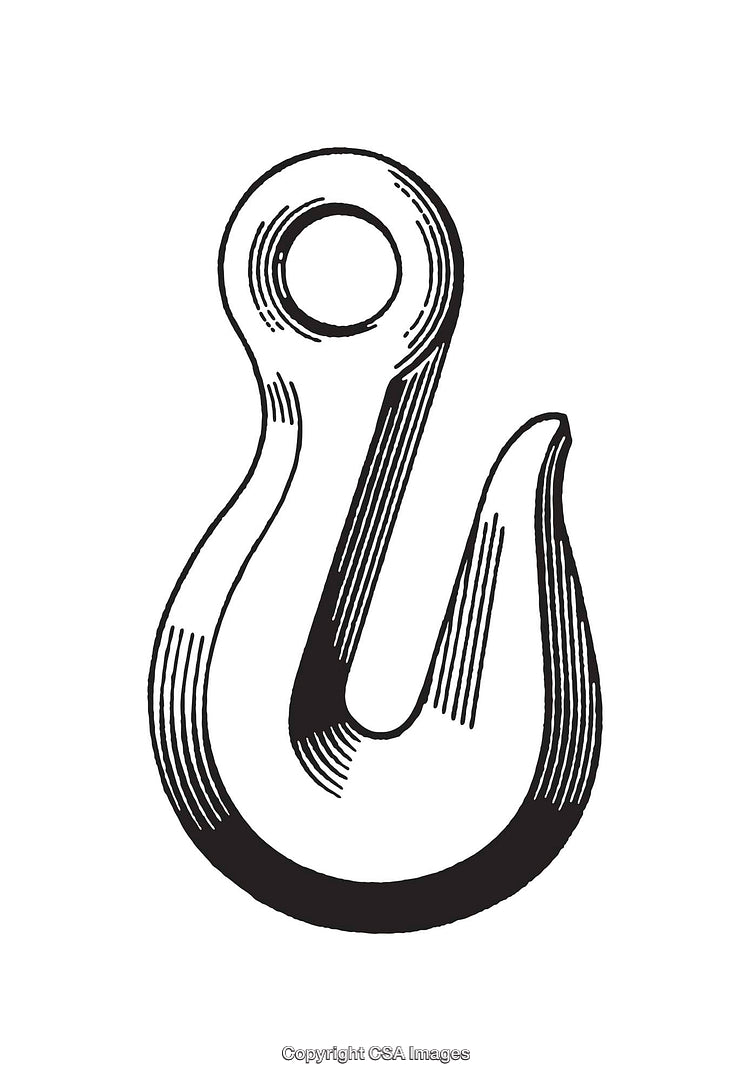 Vintage Black and White Line Art Illustration of a Metal Hook