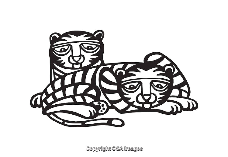 Black and White Line Art of Two Resting Tigers