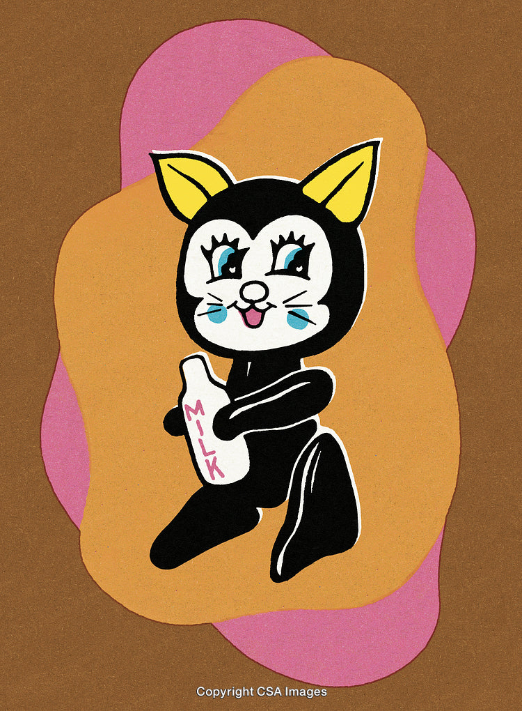 Cartoon Cat Holding Milk Illustration With Retro Aesthetic on Warm Background