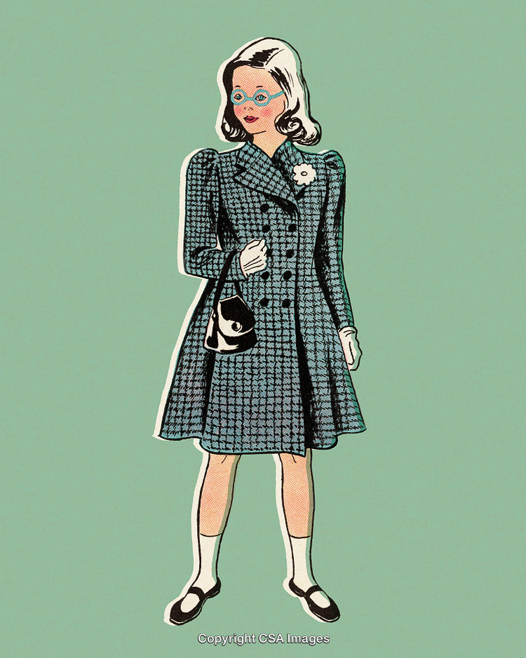 Vintage Illustration of a Stylish Woman in a Classic Plaid Coat