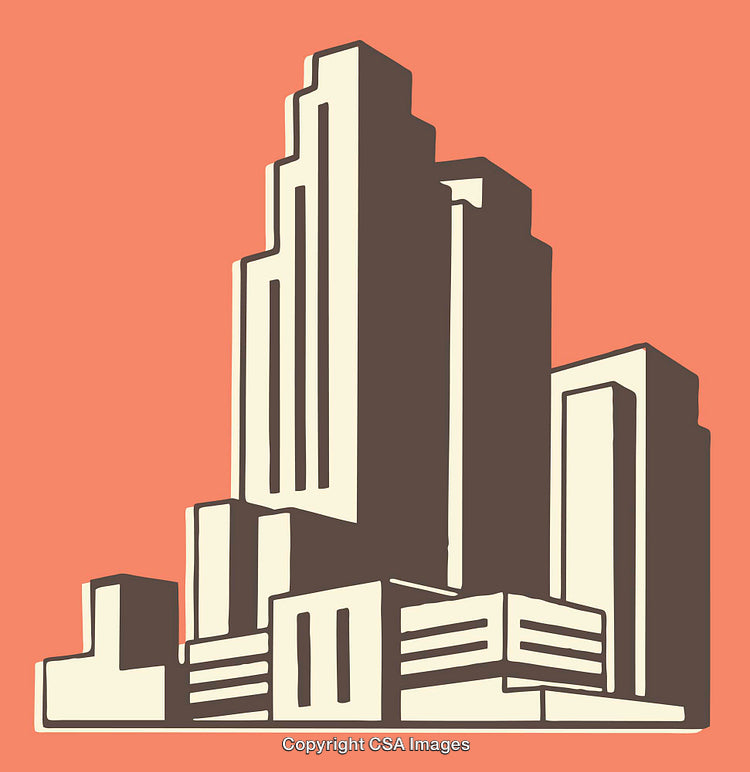 Abstract Line Art Illustration of Urban City Skyscrapers on Orange Background