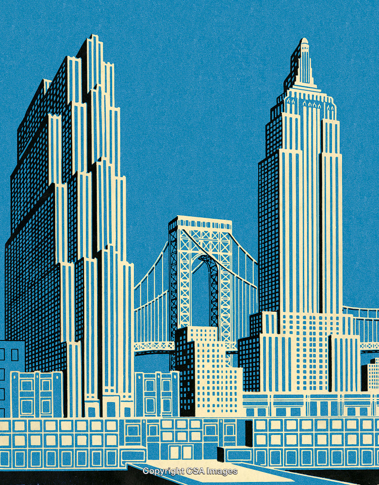 Abstract Depiction of Skyscrapers and Bridge in Geometric Style