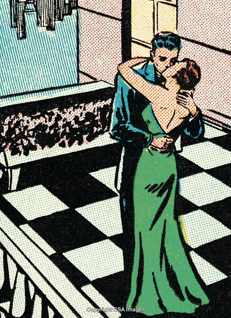 Romantic Embrace in Retro Comic Art Style Illustration
