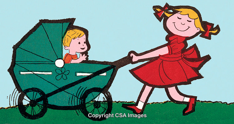 Cheerful Girl Pushing a Baby in a Stroller in the Park