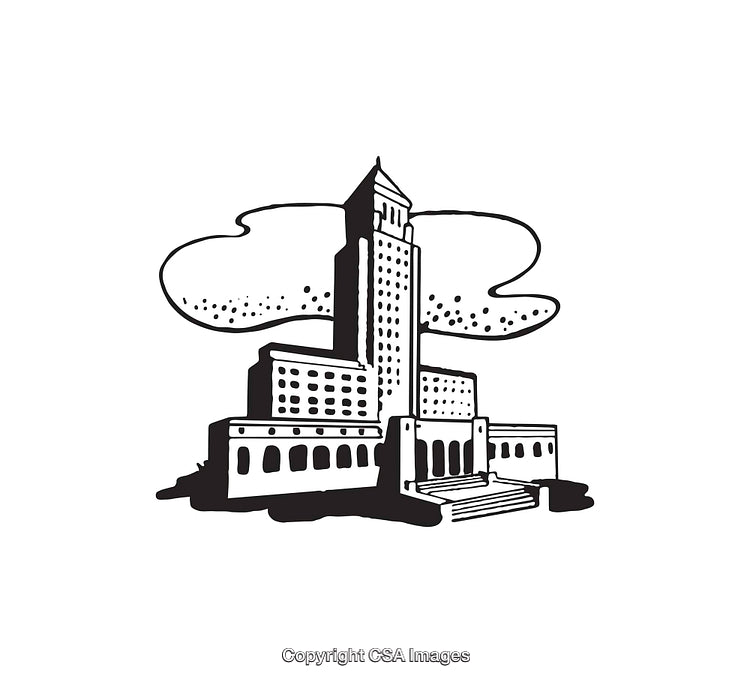 Black and White Line Art of Iconic City Building with Cloudscape
