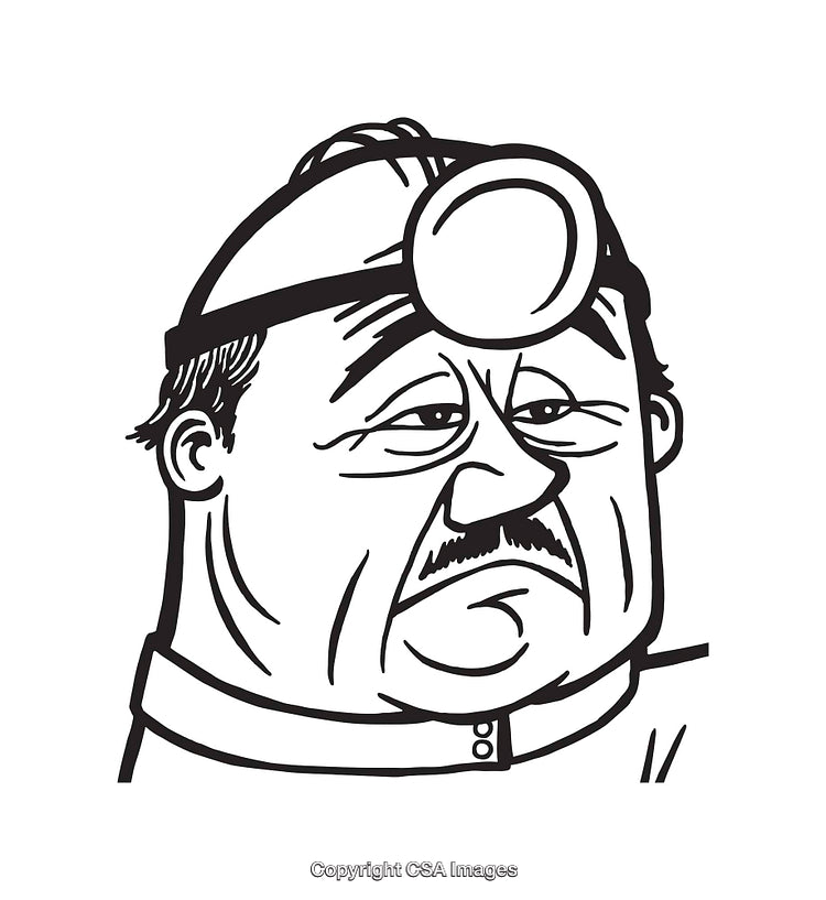 Black and White Line Art Illustration of a Doctor Wearing a Reflector