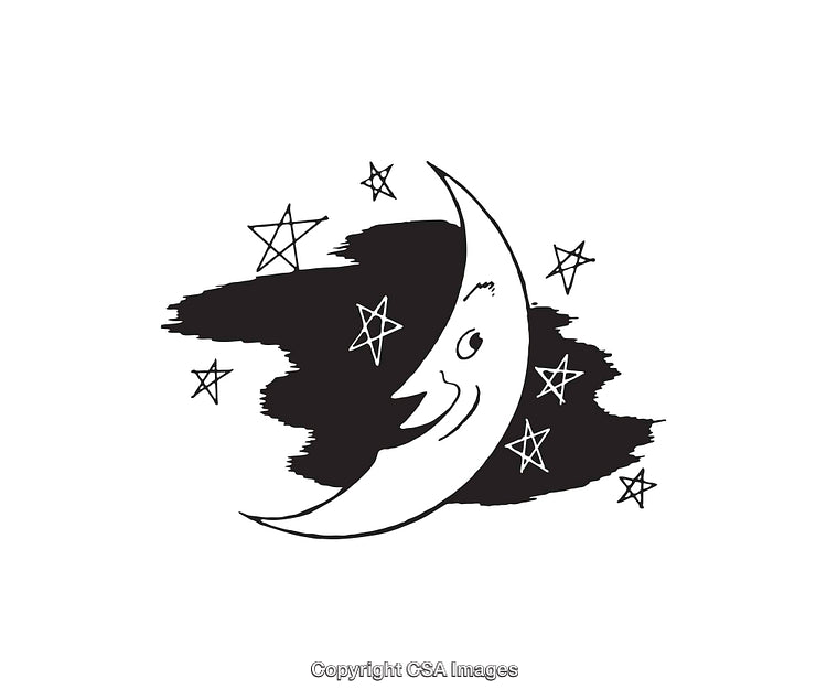 Black and White Line Art Illustration of a Crescent Moon With Stars