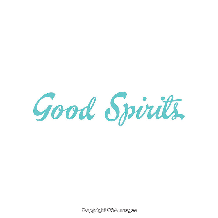 Elegant Script Text Displaying Good Spirits in Blue on White Background