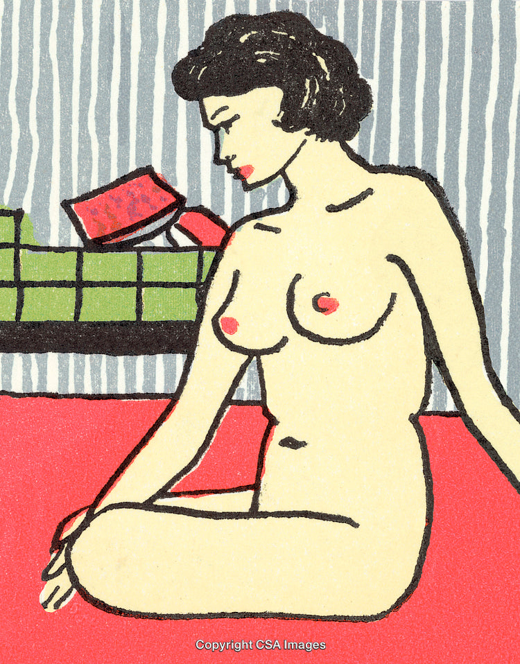 Abstract Artwork Depicting a Contemplative Seated Nude Figure in Bright Colors